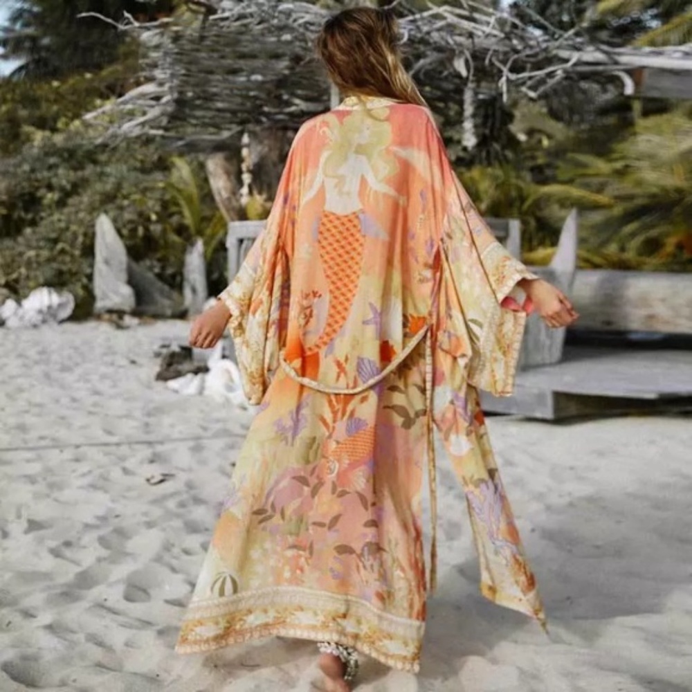 Bohemian Gypsy Orange Mermaid Print Kimono Cardigan Cover up - Picture 7 of 11